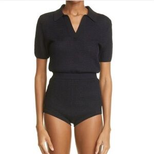 NWT Dion Lee Basket Weave Polo Top Black Navy Knit Johnny Collar Short Sleeve